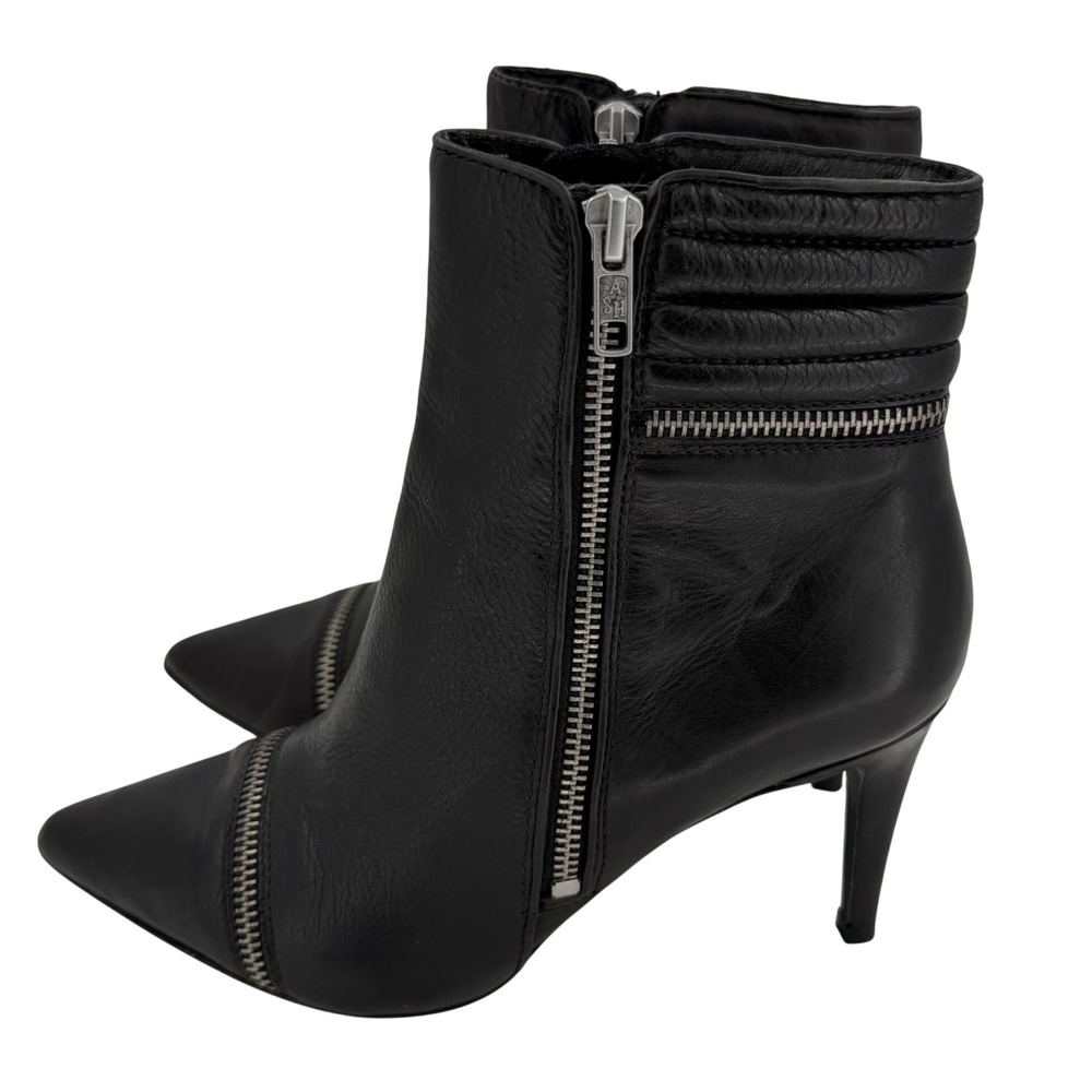 Ash Cara Black Leather Moto Pointed Toe Zip Stiletto Ankle Boots EU 38 US 7.5